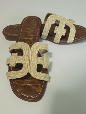 Sam Edelman Woven Raffia Straw Slide Sandals in Natural Beige